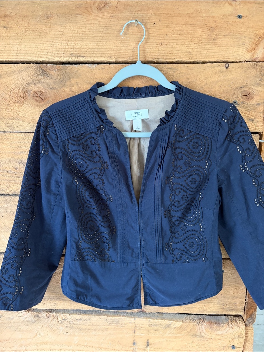 LOFT Navy Embroidered Cropped Jacket